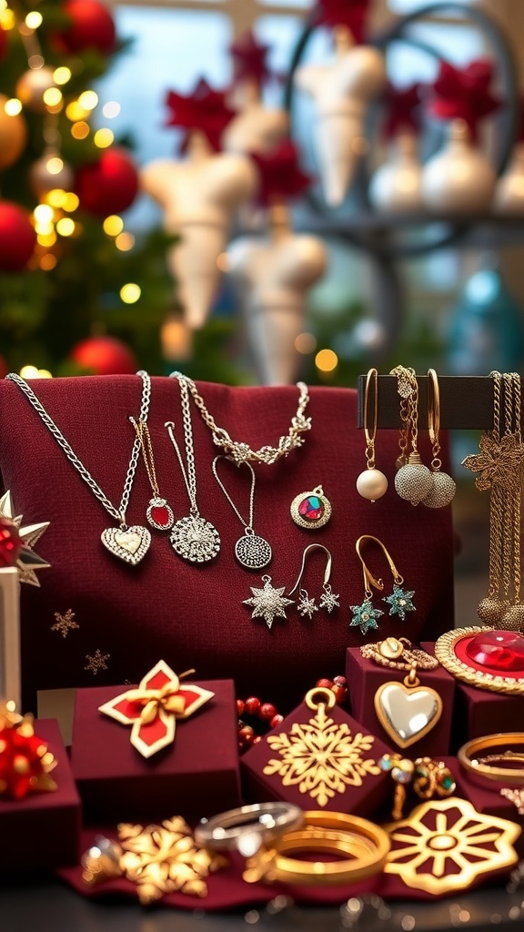 A collection of elegant jewelry pieces displayed against a festive holiday background.